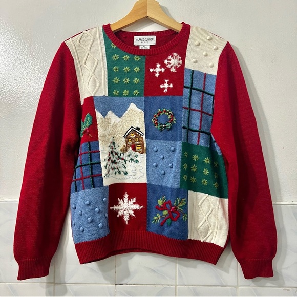 Vintage Women’s Ugly Christmas Knit Sweater Petite Large Patchwork Embellished - Picture 1 of 12